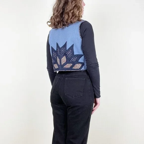 Vintage Handmade Cropped Vest Scandinavian Nordic Floral Print Crop Quilted Boho - Picture 3 of 6